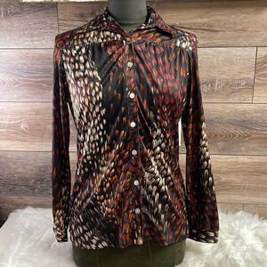 Miami International Ladies Vintage 70’s Button Up Dress Shirt Sz Small Brown